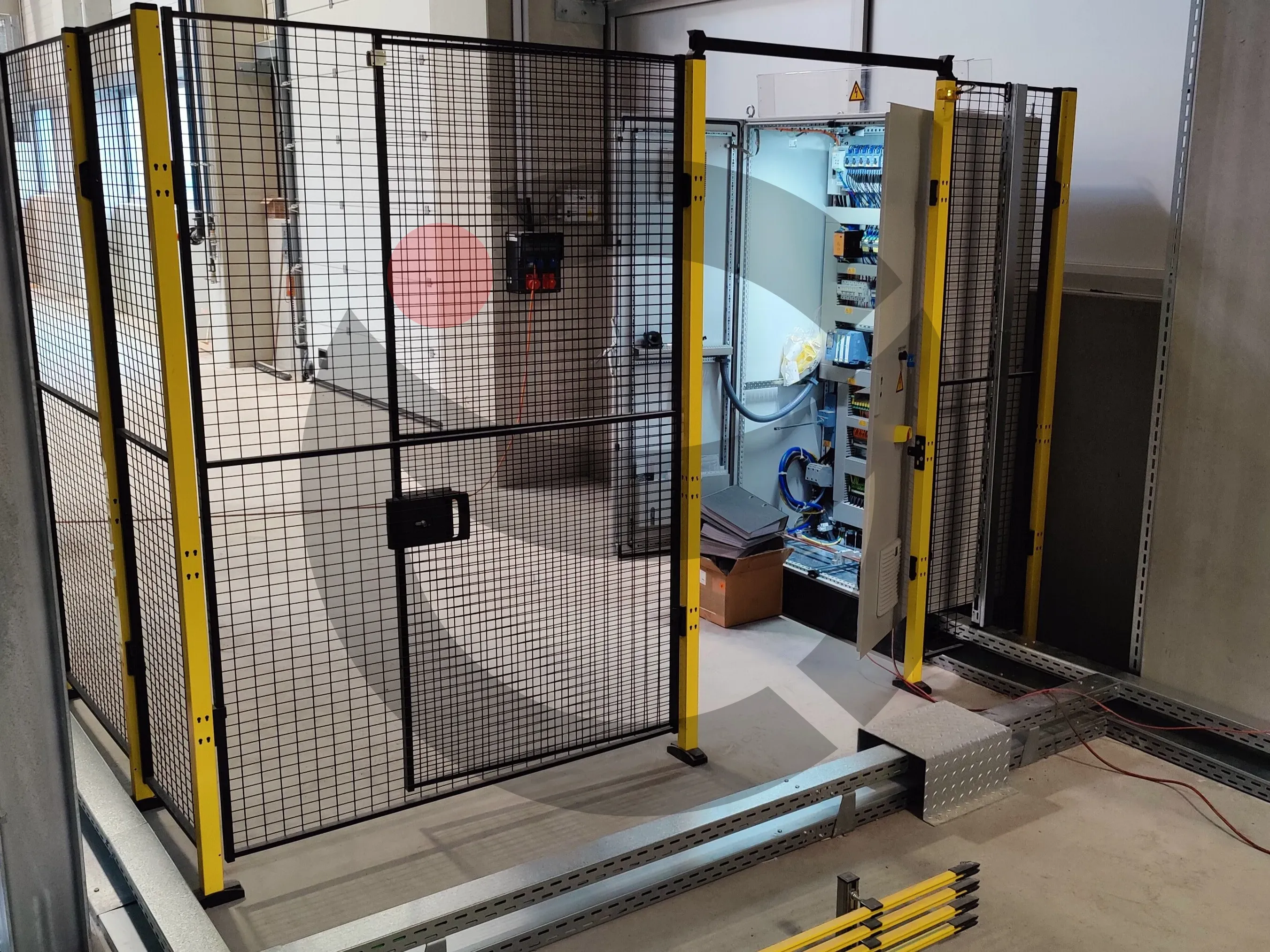 Factory floor cable tray installation and safety cell energization