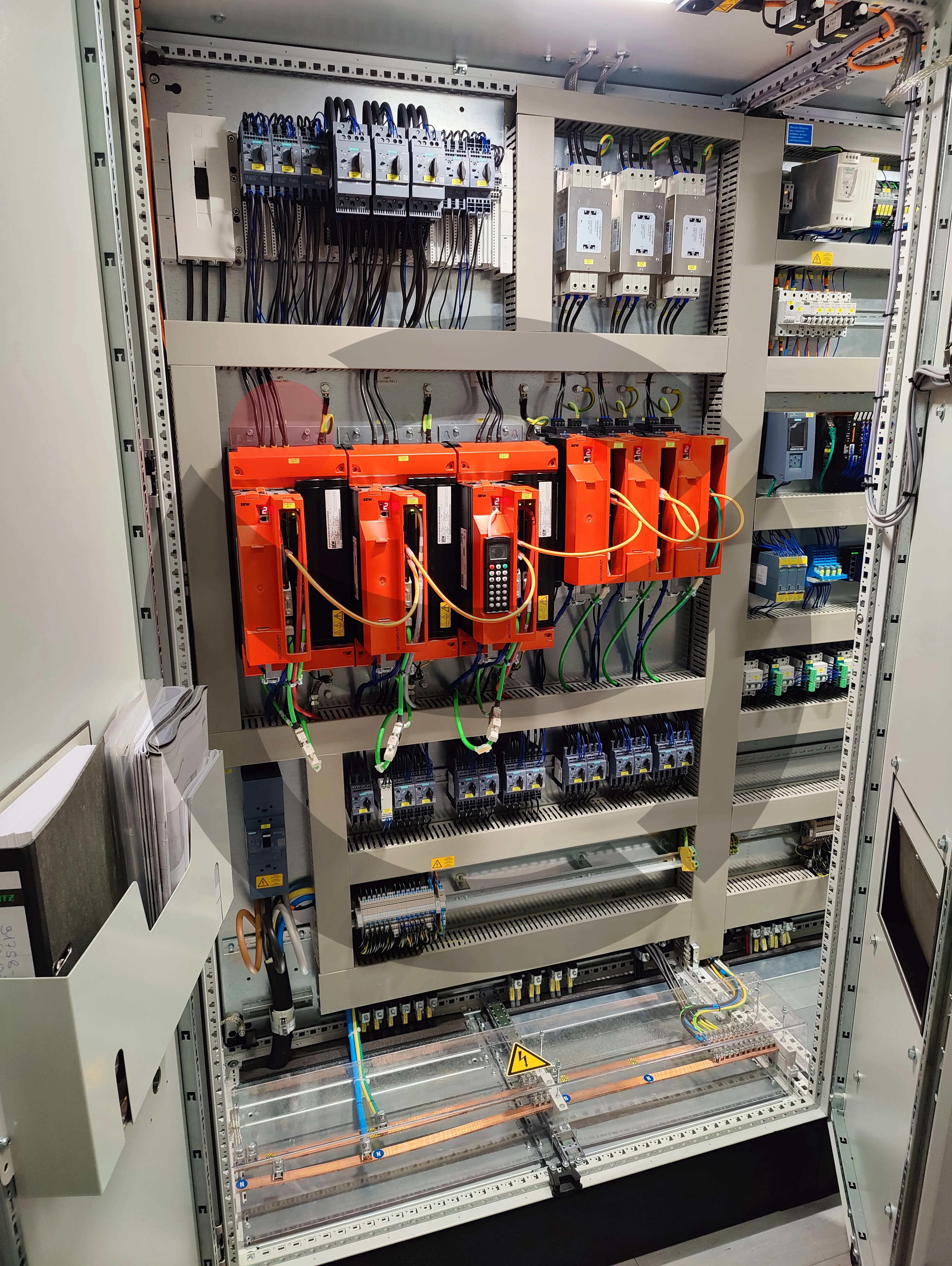 SEW Eurodrive servo drives and copper busbar power distribution in cabinet