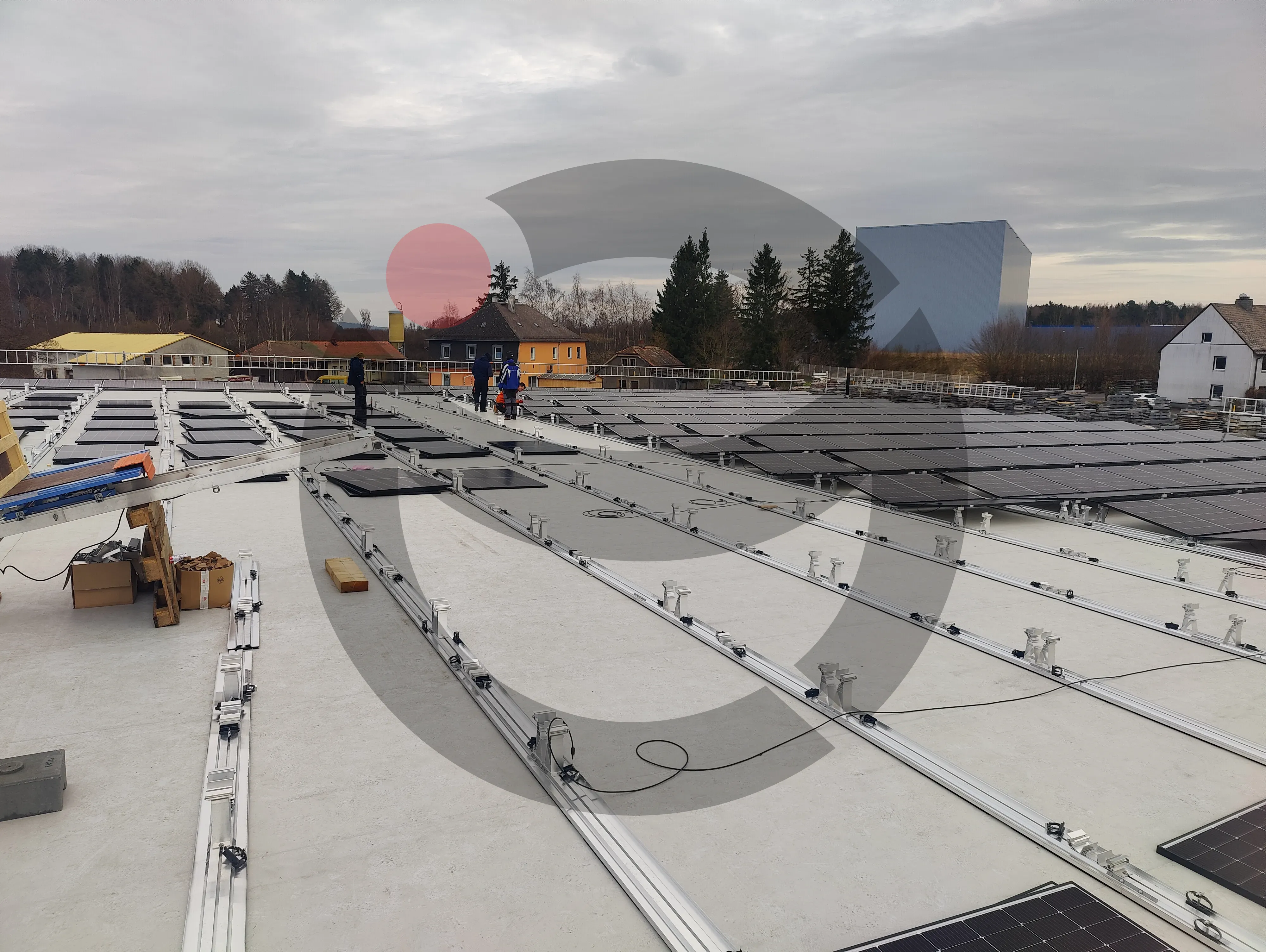 Commercial rooftop solar mounting system rails and module installation