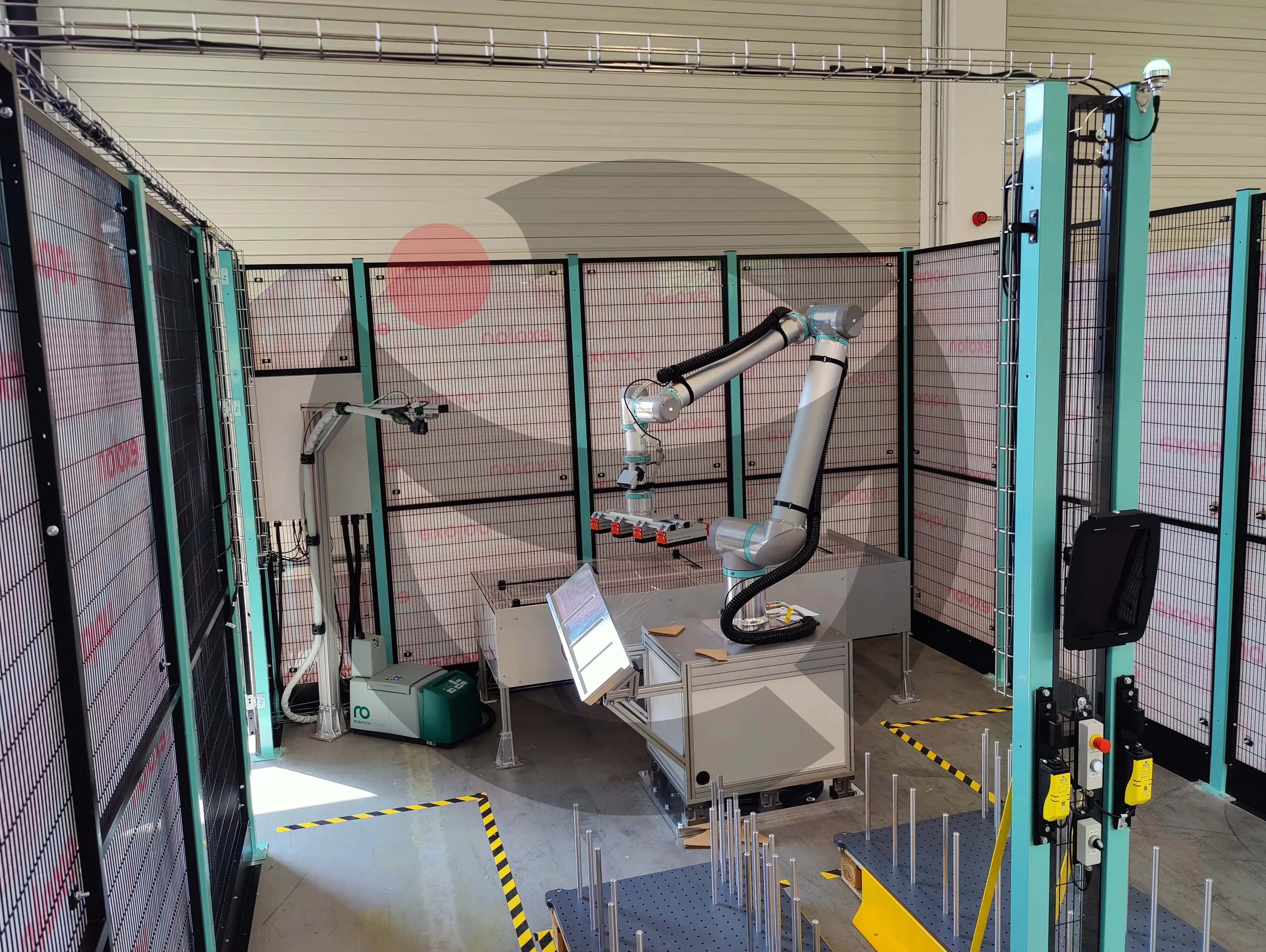 Collaborative robot palletizing cell with wire basket cable trays and hot melt system